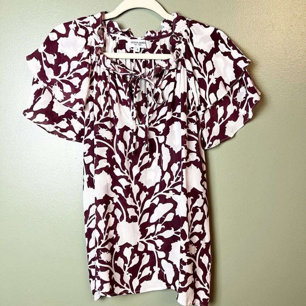 Olivia James Burgundy & White Printed Flutter Sleeve Blouse